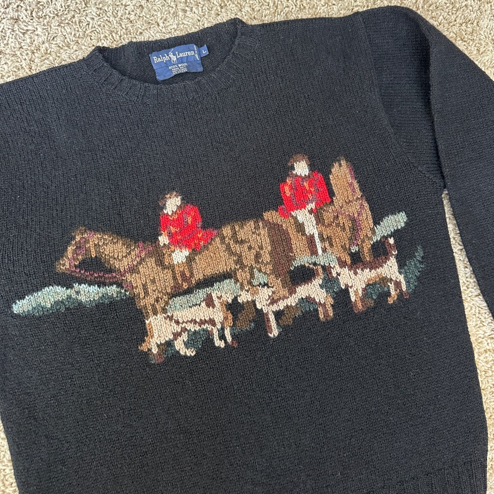 RARE - RALPH LAUREN Vtg Equestrian Horse English Hunt Wool Hand Knit Sweater L - Picture 14 of 15